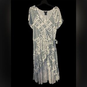 Wrangler Retro High Low Ruffle Wrap Dress White & Teal Paisley Print Sz Large